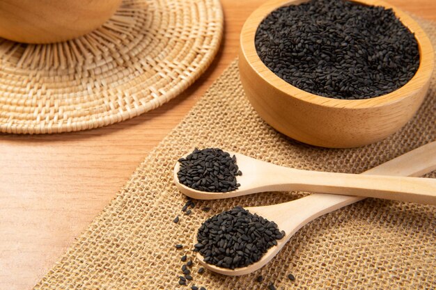 black sesame in wooden spoon and bowlclose up and choose a focus point