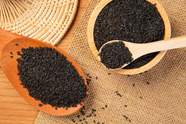 Black sesame in wooden spoon and bowlclose up and choose a focus point