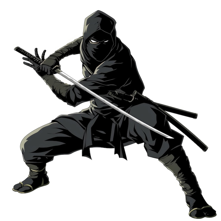 Photo ニンジャの黒い影 攻撃を白い背景で孤立させたポーズ