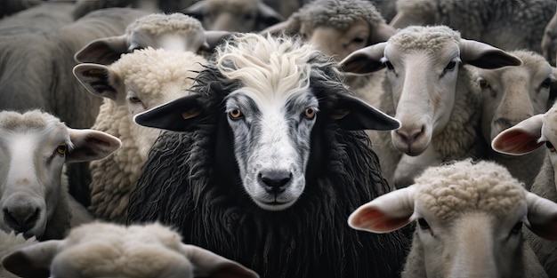 A black sheep among a flock of white sheep raising head as a leader Concept of standing out from