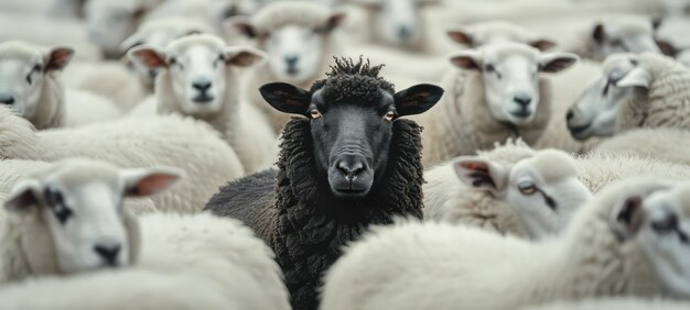 черная овца среди стада белых овец поднимает голову как лидер