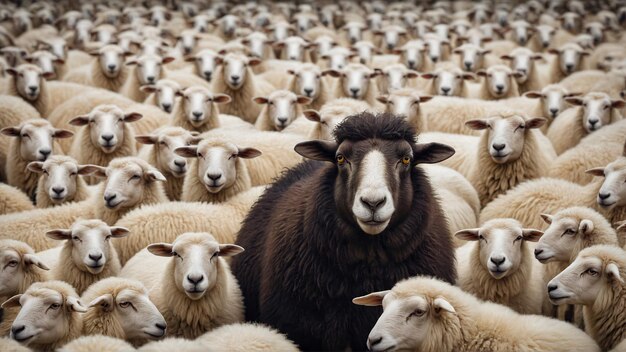 a black sheep among a flock of white sheep