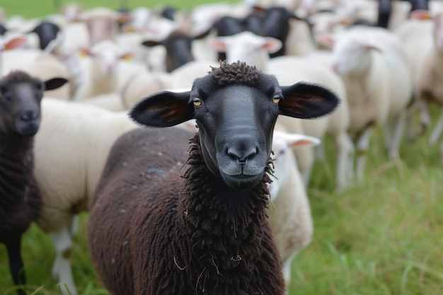 Black sheep standing apart from a white sheep group