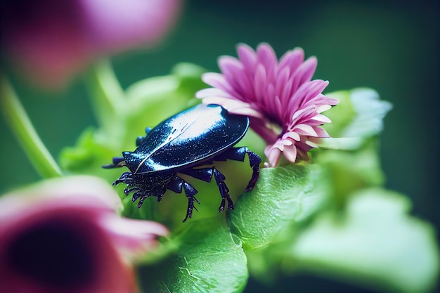 Black shiny beetle on flower with petals and stem