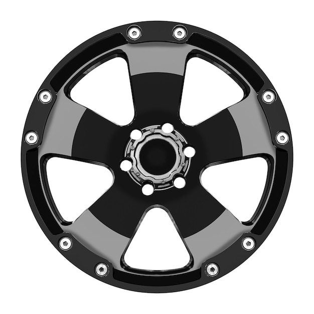 Black shiny car wheel isolated on white background with clipping path