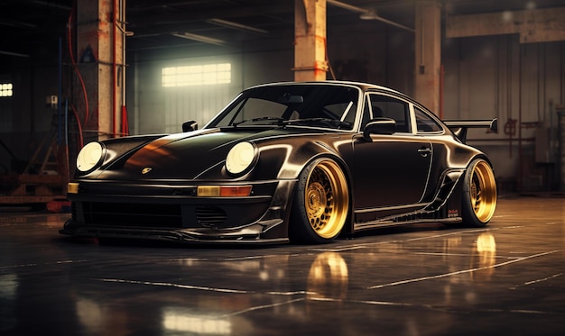 A black shiny Porsche with golden rims in cyberpunk design