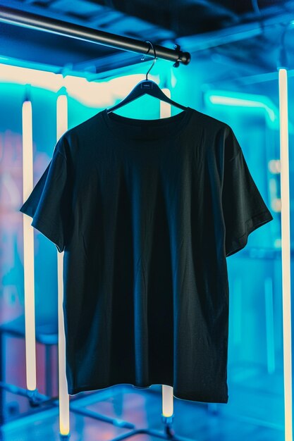 a black shirt hanging on a hanger with a blue background