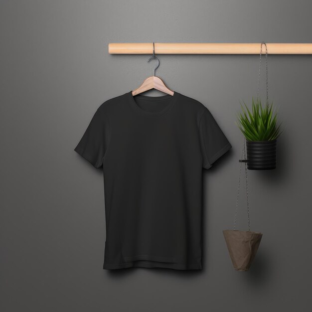 A black shirt hanging on a hanger with a plant in the corner Tshirt mockup show