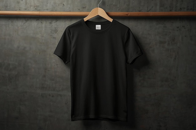 a black shirt hanging on a hanger with a wooden hanger