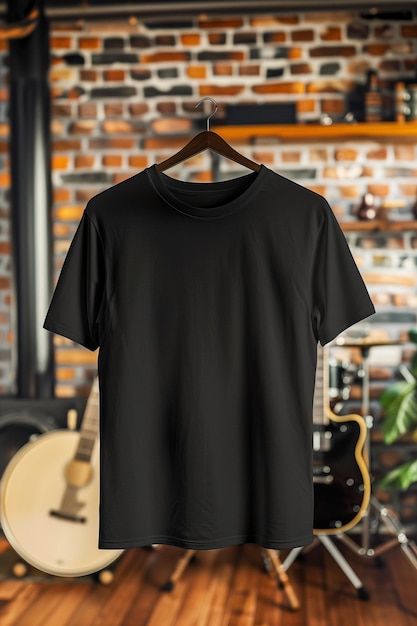 Foto una camicia nera è appesa a un appendiabiti di legno