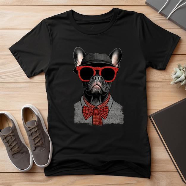 A black shirt with a picture of a french bulldog wearing a bow tie and bow tie.