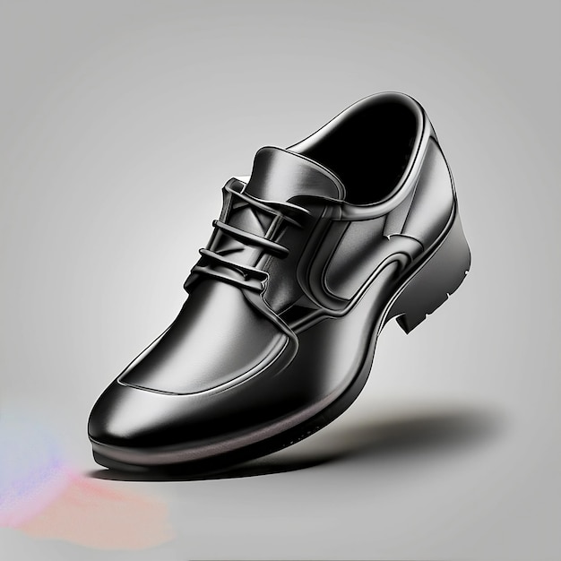 A black shoe with silver laces and a black bow.