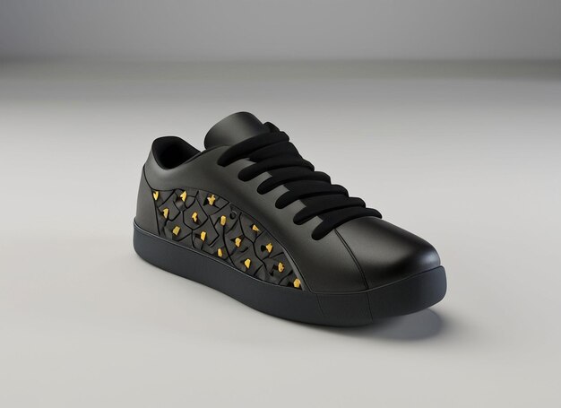 Photo a black shoe with yellow beads on the bottom.