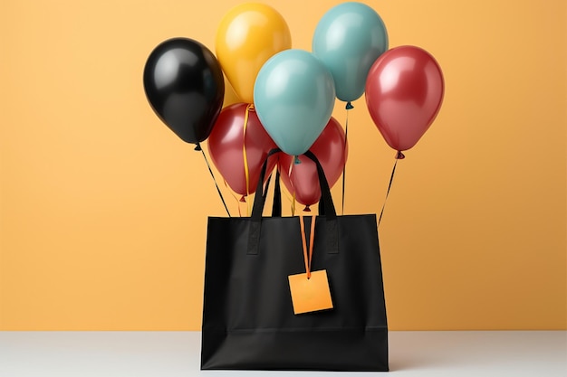 Black shopping bag paired with an array of vibrant floating balloons