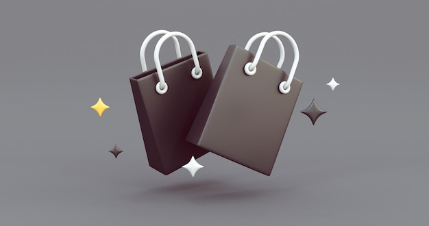 black shopping bags in black background 3d render