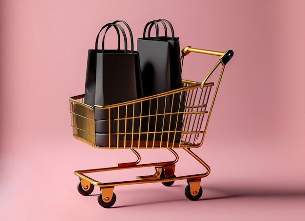 Black shopping bags in golden shopping cart on pink background