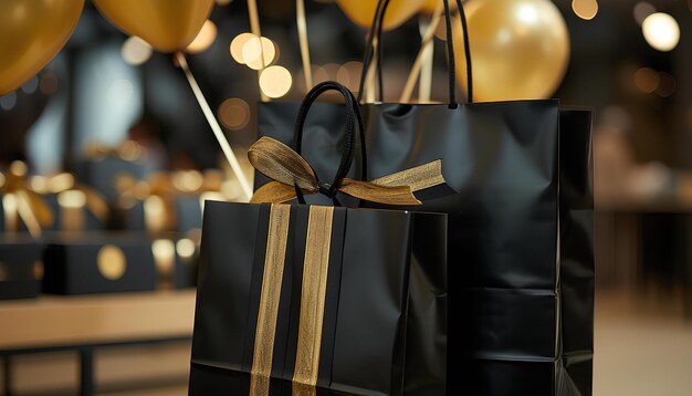 Photo black shopping bags with gold ribbon on gold and black balloons blurred background