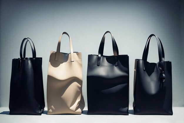 a black shopping bags without ribbons of a different sizes in a grey luxury background