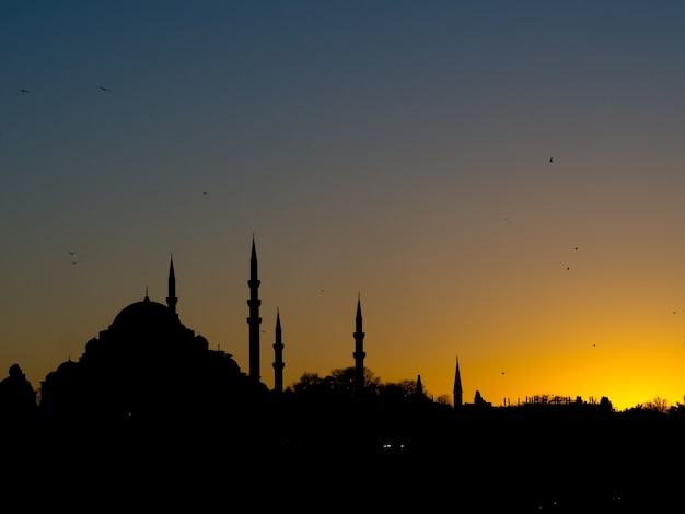 Sagoma nera della città con le moschee al tramonto