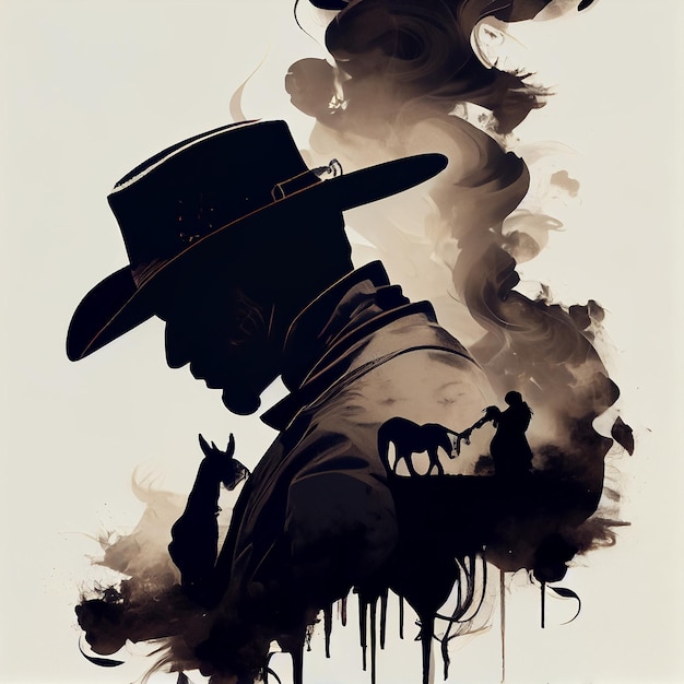 Black silhouette of a cowboy on a smoky background Generative AI