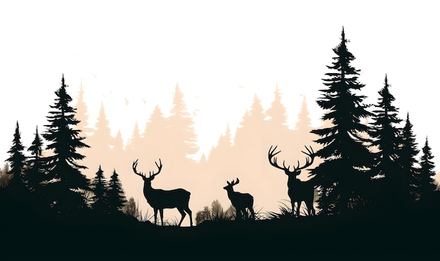 Black silhouette of fir spruce trees and wild deer landscape panorama illustration icon vector for