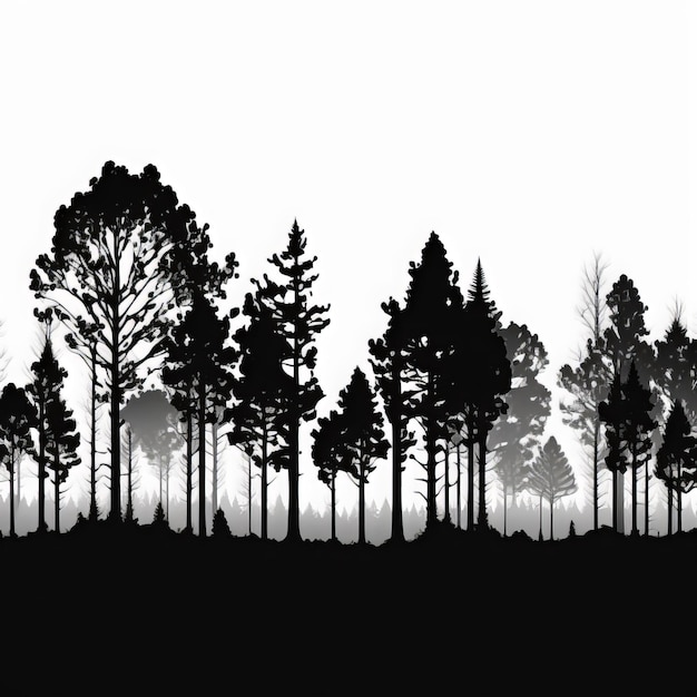 Foto linea di alberi forestali silhouette nera, isolata su bianco