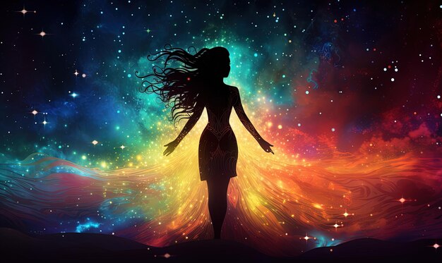 Black silhouette of a girl against a background of galaxies bright multicolored divots