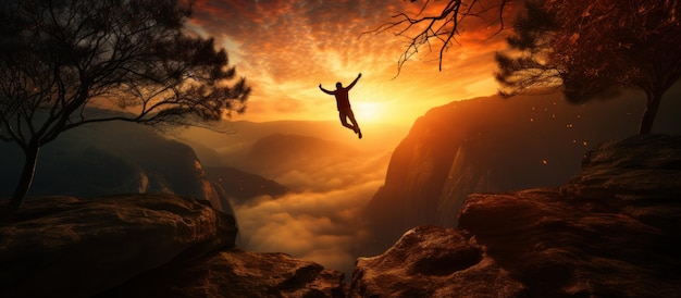 black silhouette of man jumping on cliff