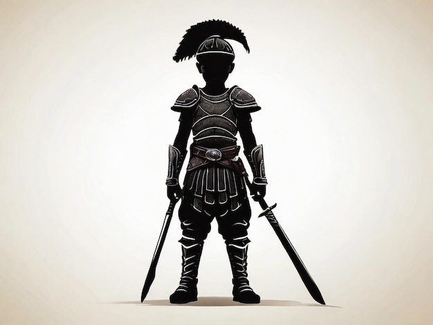 Black silhouette of a warrior boy on white background
