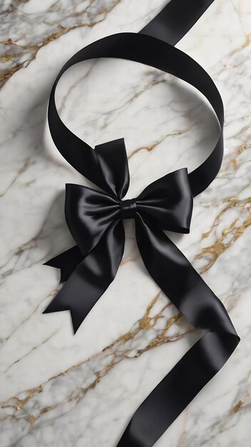 Black silk ribbon and bow on marble background flatlay