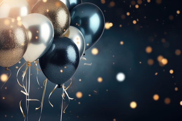 Photo black and silver balloons with golden confetti on bokeh background 3d realistic air balloons alongside sparkling glitter confetti elements ai generated