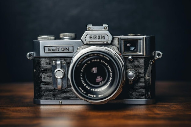 Photo a black and silver camera on a wooden table