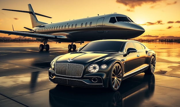 a black and silver car is parked on the tarmac.