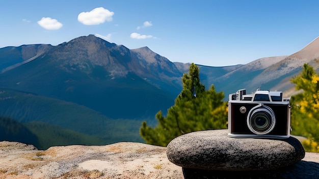 A black and silver digital camera sits on a rock in front of a mountain range.