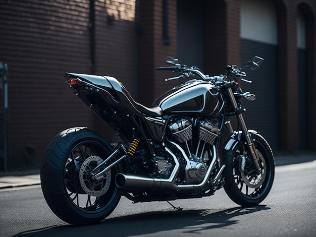 A black and silver ducati motorcycle is parked in front of a garage.