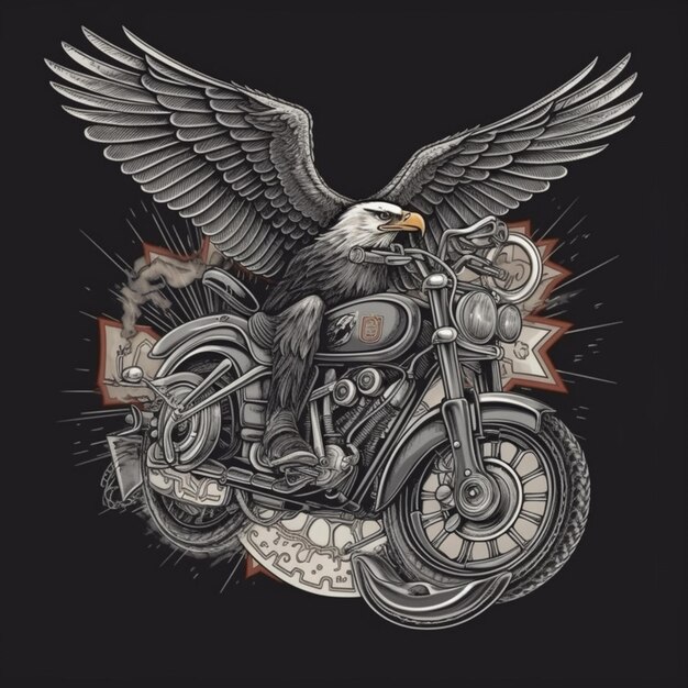 A black and silver eagle flying over a motorcycle.