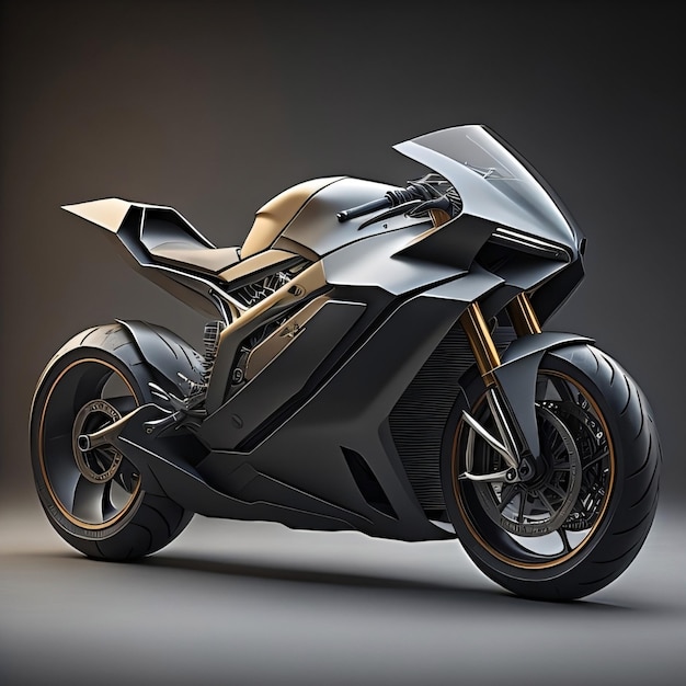 A black and silver futuristic motorcycle concept with a black background