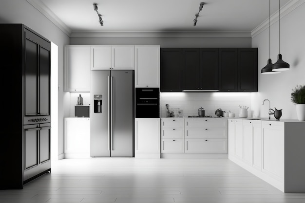 Черно-серебристая кухня с черным холодильником и микроволновой печью.