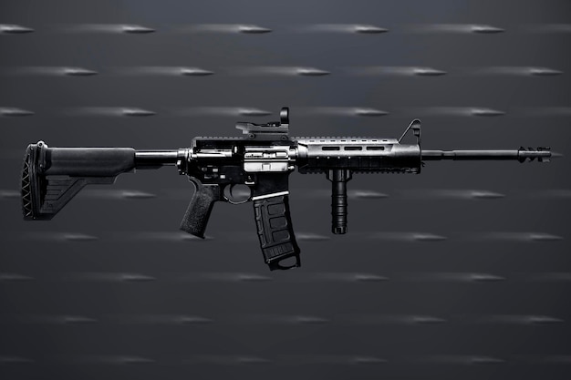 A black and silver photo of an assault rifle.