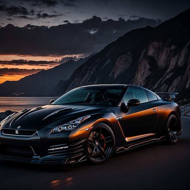 A black and silver sports car is on the road with the sunset in the background.