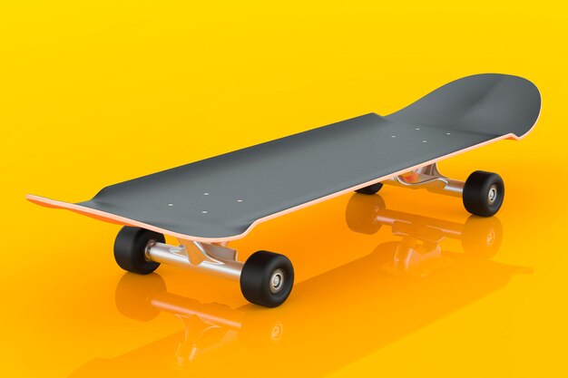 Black skateboard on orange backdrop 3d rendering