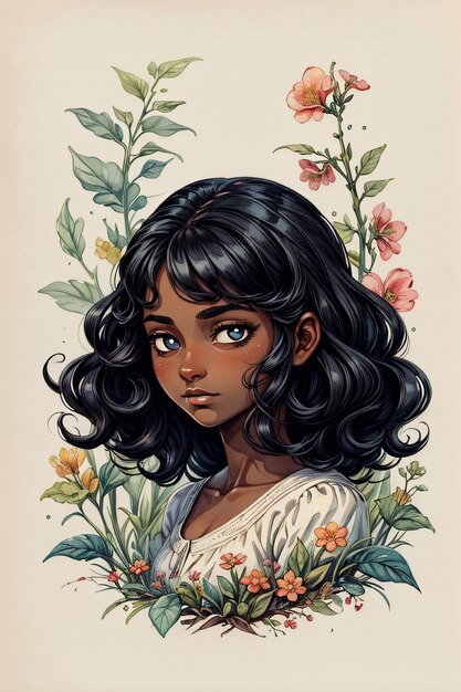 黒い肌の女の子と花の水彩画
