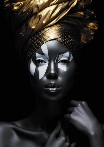 Photo black skin woman wearing golden hair scarf on black background conceptual for frame