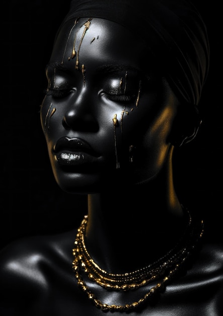 Фото Чернокожая женщина в золотых украшениях на концептуальном черном фоне для рамы