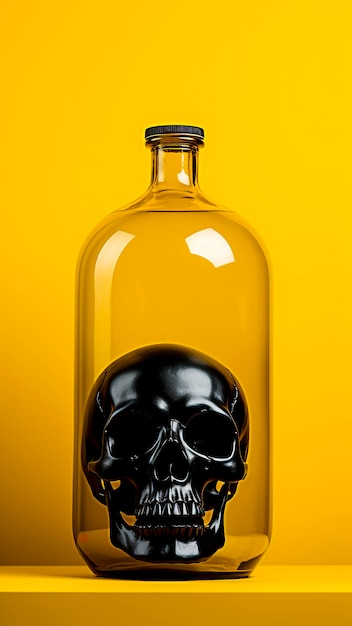 Черный череп внутри бутылки на желтом фоне Минималистская концепция Хэллоуина