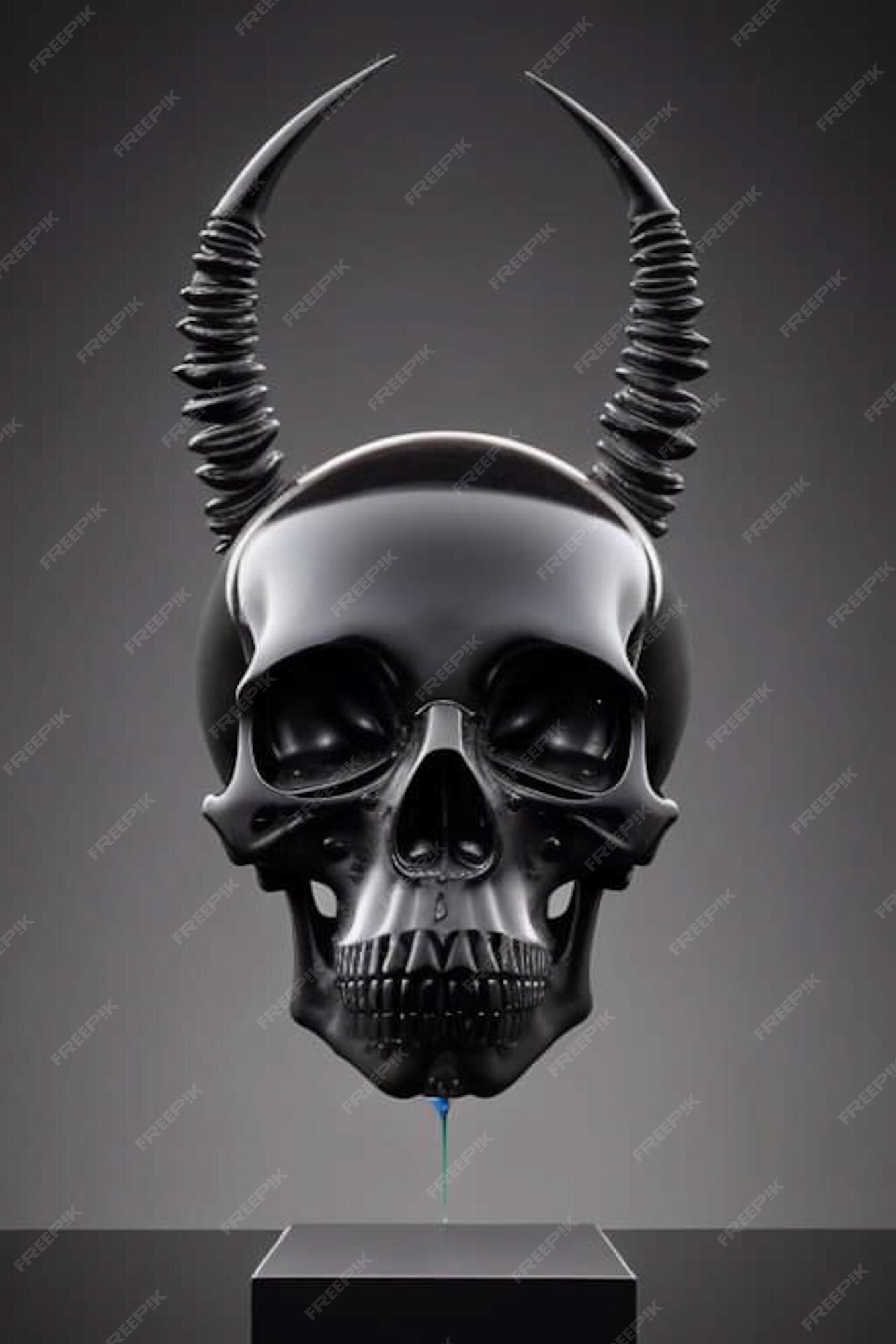 Premium Photo | A black skull with horns and horns is hanging on a gray