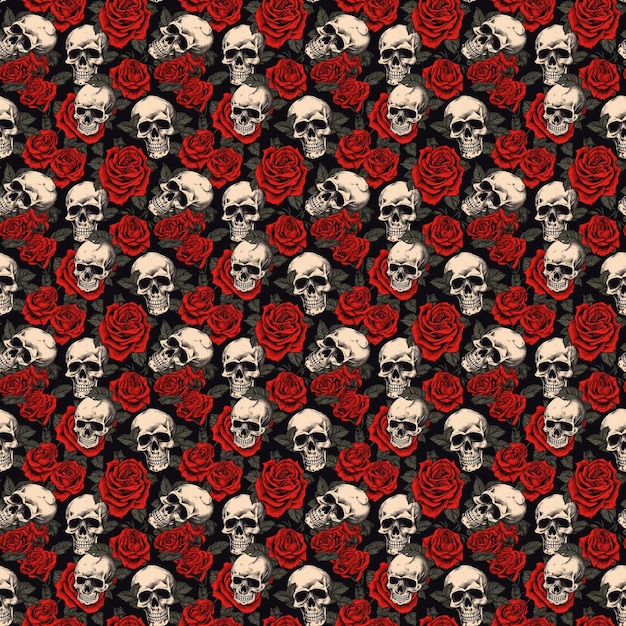 Photo black skulls with red roses patterns