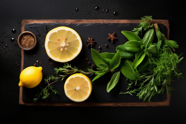 Black slate board with fresh herbs and lemon slices with olive oil