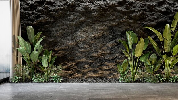 Black slate wall with large table and plants