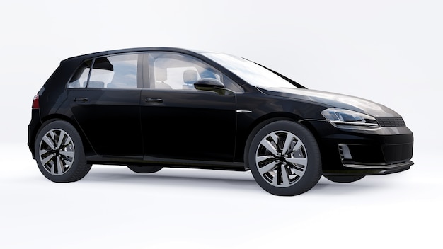 Black small family car hatchback on white background. 3d rendering.